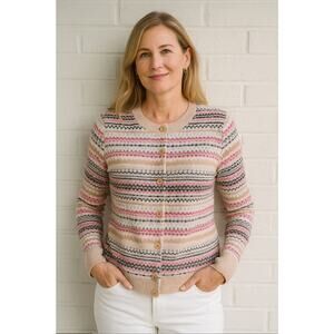 Talbots Fair Isle Cardigan Sweater M Button Up Pink Preppy Nordic Spring